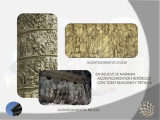 EN RELIEVE SE NARRAN
ACONTECIMIENTOS HISTÓRICOS
CON TODO REALISMO Y DETALLE
ACONTECIMIENTOS CIVILES
ACONTECIMIENTOS BÉLICOS
 