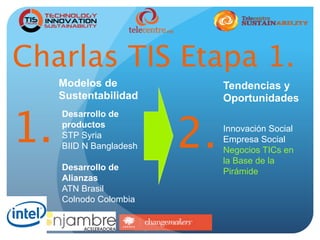 Modelos de
Sustentabilidad
Tendencias y
Oportunidades
Charlas TIS Etapa 1. 
Desarrollo de
productos
STP Syria
BIID N Bangladesh
Desarrollo de
Alianzas
ATN Brasil
Colnodo Colombia
Innovación Social
Empresa Social
Negocios TICs en
la Base de la
Pirámide
1.
 2.
 