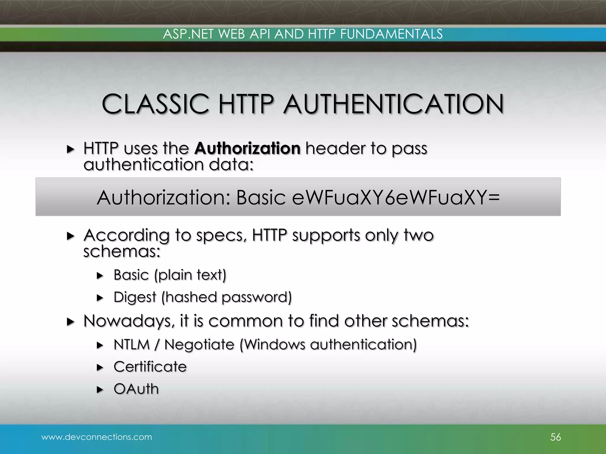 www.devconnections.com ASP.NET WEB API AND HTTP FUNDAMENTALS CLASSIC HTTP AUTHENTICATION  HTTP uses the Authorization header to pass authentication data:  According to specs, HTTP supports only two schemas:  Basic (plain text)  Digest (hashed password)  Nowadays, it is common to find other schemas:  NTLM / Negotiate (Windows authentication)  Certificate  OAuth 56 Authorization: Basic eWFuaXY6eWFuaXY= 