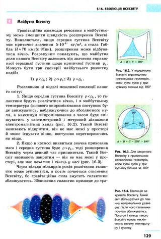§16. ЕВОЛЮЦІЯ ВСЕСВІТУ 
Майбутнє Всесвіту 
Гравітаційна взаємодія речовини в майбутньо- 
му може зменшити швидкість розширення Всесві- 
ту. Виявляється, якщо середня густина Всесвіту 
має критичне значення 5-Ю 2' кг/м3, а стала Габ- 
бла Н^ 70 км/(с-Мпк), розширення може відбува- 
тися вічно. Розрахунки показують, що майбутня 
доля нашого Всесвіту залежить від значення справж- 
ньої середньої густини щодо критичної густини р0 . 
Можуть бути три сценарії майбутнього розвитку 
подій: 
1) Р<Ро ! 2 ) Р>Ро ї 3 ) Р = Ро • 
Розгляньмо ці моделі можливої еволюції нашо- 
го світу: 
1. Якщо середня густина Всесвіту р<р0 , то га- 
лактики будуть розлітатися вічно, і в майбутньому 
температура фонового випромінювання поступово бу- 
де знижуватись, наближуючись до абсолютного ну- 
ля, а максимум випромінювання з часом буде змі- 
щуватись у сантиметровий і метровий діапазони 
електромагнітних хвиль (рис. 16.2). Такий Всесвіт 
називають відкритим, він не має межі у просторі 
й може існувати вічно, поступово перетворюючись 
на ніщо. 
2. Якщо в космосі виявиться значна прихована 
маса і середня густина буде р > р0, тоді розширення 
Всесвіту через деякий час припиниться. Такий Все- 
світ називають закритим — він не має межі у про- 
сторі, але має початок і кінець у часі (рис. 16.3). 
Через кілька мільярдів років розлітання галак- 
тик може зупинитися, а потім почнеться стиснення 
Всесвіту, бо гравітаційна сила змусить галактики 
зближуватись. Зближення галактик призведе до тра- 
Рис. 16.2. У відкритому 
Всесвіті справедлива 
неевклідова геометрія, 
коли сума кутів у три- 
кутнику менша від 180° 
А 
Рис. 16.3. Для закритого 
Всесвіту є правильною 
неевклідова геометрія, 
коли сума кутів у три- 
кутнику більша за 180° 
Рис. 16.4. Еволюція за- 
критого Всесвіту. Такий 
світ збільшується до пев- 
них максимальних розмі- 
рів, після чого галактики 
почнуть зближуватись. 
Початок і кінець такого 
Всесвіту мають нескін- 
ченно велику температу- 
ру і густину 
1 2 9 
 