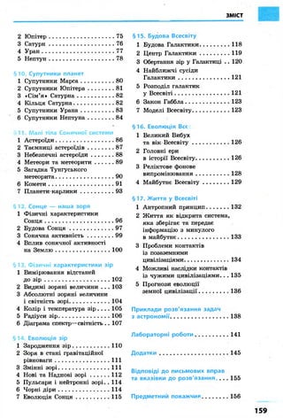 ЗМІСТ 
2 Юпітер 75 
3 Сатурн 76 
4 Уран 77 
5 Нептун 78 
§ 10. Супутники планет 
1 Супутники Марса 80 
2 Супутники Юпітера 81 
3 «Сім'я» Сатурна 82 
4 Кільця Сатурна 82 
5 Супутники Урана 83 
6 Супутники Нептуна 84 
І? 11. Малі тіла Сонячної системи 
1 Астероїди 86 
2 Таємниці астероїдів 87 
3 Небезпечні астероїди 88 
4 Метеори та метеорити 89 
5 Загадка Тунгуського 
метеорита 90 
6 Комети 91 
7 Планети-карлики 93 
§ 12. Сонце — наша зоря 
1 Фізичні характеристики 
Сонця 96 
2 Будова Сонця 97 
3 Сонячна активність 99 
4 Вплив сонячної активності 
на Землю 100 
§13. Фізичні характеристики зір 
1 Вимірювання відстаней 
до зір 102 
2 Видимі зоряні величини . . . 103 
3 Абсолютні зоряні величини 
і світність зорі 104 
4 Колір і температура з і р . . . . 105 
5 Радіуси зір 106 
6 Діаграма спектр—світність . . 107 
§14. Еволюція зір 
1 Зародження зір 110 
2 Зоря в стані гравітаційної 
рівноваги 111 
3 Змінні зорі 111 
4 Нові та Наднові зорі 112 
5 Пульсари і нейтронні зорі. .114 
6 Чорні діри 114 
7 Еволюція Сонця 115 
§ 15. Будова Всесвіту 
1 Будова Галактики 118 
2 Центр Галактики 119 
3 Обертання зір у Галактиці . . 120 
4 Найближчі сусіди 
Галактики 121 
5 Розподіл галактик 
у Всесвіті 121 
6 Закон Габбла 123 
7 Моделі Всесвіту 123 
§16. Еволюція Все 
1 Великий Вибух 
та вік Всесвіту 126 
2 Головні ери 
в історії Всесвіту 126 
3 Реліктове фонове 
випромінювання 128 
4 Майбутнє Всесвіту 129 
§ 17. Життя у Всесвіті 
1 Антропний принцип 132 
2 Життя як відкрита система, 
яка зберігає та передає 
інформацію з минулого 
в майбутнє 133 
3 Проблеми контактів 
із позаземними 
цивілізаціями 134 
4 Можливі наслідки контактів 
із чужими цивілізаціями. . . 135 
5 Прогнози еволюції 
земної цивілізації 136 
Приклади розв'язання задач 
з астрономії 138 
Лабораторні роботи 141 
Додатки 145 
Відповіді до письмових вправ 
та вказівки до р о з в ' я з а н н я . . . . 155 
Предметний покажчик 156 
159 
