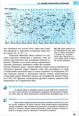 §2. ОСНОВИ ПРАКТИЧНОЇ АСТРОНОМІЇ 
t Ьассюпея чч"о О 
Андромеда 
о" V 
- 
. в р Ч $ JП егас 
Дракон^ *0 
4г " * /ті ' 
>• .Л еб.ід ьлі ра;; Геркулес. 
Дельфін 
ЕКВАТОР цйЯЖ . Змія в 
іІ- »' 
+ в* 
Ґ -+• 
. * п - - 
^ Велика Ведмедиця а . „ ^ 
• л fc ВІЗНИЧИЙ . 
» 
• . Персей.. 
даця ' ^ -а у * ; • я V , . 
» Г >' * О ^ 
^ ЛРН -tr ^ А 
Т" Лев ііг V 
...-Т • 
ю 
•«є о: 
» •V . . Діва. 
З 7 
і • . g ' • • . • . тТ ерезVи •....: •v ь . то 
*• . Козеріг • rl.„„... .О. о ' І ' •, fr Південна риба 
t „• Р г 
ф 
Uх 
Ь 9 Ч 
Стрілець г - 'Скорпіон** 
{І- "-7і < . . ** Кентавр Т Т І «•_. о-. 
• ПІВДЄННИ " 
- *4Лр€СТ ° 
« © 
о о " -о: 
Пвіденний .. ьtf о~ в' «г 6 . ft 
ь ° 
L 
Голуб 
і- 
„ ~,ог 
-УС 
40 
• • • - 
А 6 fc о 
20 5 20 5 20 5 20 5 20 5 20 5 20 5 20 5 20 5 20 5 18 2 20 5 
Грудень Листопад Жовтень Вересень Серпень Липень Червень Травень Квітень Березень Лютий Січень 
яка проведена від полюса світу через дану зорю. 
Для зручності а позначено на екваторі через кож- 
ну годину (1л, 2h, 3 ...). 
Унаслідок обертання Землі навколо осі пло- 
Рис. 2.8. Карта зоряного не- 
ба екваторіальної зони. Дати, 
коли ці сузір'я кульмінують 
у вечірній час, позначені 
внизу карти. Відшукайте їх 
після заходу Сонця в півден- 
ній частині небосхилу 
щина горизонту зміщується у просторі, тому всі 
світила теж змінюють своє положення відносно го- 
ризонту. Момент, коли деякі світила перетинають 
площину горизонту, називають сходом або заходом 
світила. Моменти сходу—заходу небесних світил можна визначити за 
допомогою рухомої карти зоряного неба, або планісфери, на якій 
є спеціальний накладний круг із лінією горизонту та меридіаном. Та- 
кою зоряною картою з накладним кругом можна користуватись 
у будь-якій країні Північної півкулі на географічній широті Украї- 
ни (+50° ±5°). Правила користування рухомою картою зоряного неба 
надруковані на її зворотному боці. 
Для допитливих 
На зоряних картах не зображені планети, бо вони обертаються навколо Сон- 
ця і тому з часом змінюють свої екваторіальні координати. Для визначення положен- 
ня планет щодо зір треба користуватися астрономічним календарем (див. §3, 4). 
Висновки .. 
Уявна небесна сфера допомагає визначити положення космічних тіл у пев- 
ній системі координат. На картах зоряного неба використовують екваторіальну 
систему координат, у якій положення зір визначають за допомогою прямого схо- 
дження та схилення. Небесні світила допомагають також визначити сторони го- 
ризонту у випадку, якщо ми заблукали в незнайомій місцевості. 
19 
 
