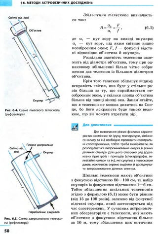 §6. МЕТОДИ АСТРОФІЗИЧНИХ ДОСЛІДЖЕНЬ 
Світло від зорі 
Об'єктив 
Окуляр 
Рис. 6.4. Схема лінзового телескопа 
(рефрактора) 
Збільшення телескопа визначаєть- 
ся так: 
F_ 
7 ' 
а9 71 = -?- 
а, 
(6.1) 
де а? кут зору на виході окуляра; 
ах — кут зору, під яким світило видно 
неозброєним оком; F, f — фокусні відста- 
ні відповідно об'єктива й окуляра. 
Роздільна здатність телескопа зале- 
жить від діаметра об'єктива, тому при од- 
наковому збільшенні більш чітке зобра- 
ження дає телескоп із більшим діаметром 
об'єктива. 
Крім того телескоп збільшує видиму 
яскравість світил, яка буде у стільки ра- 
зів більша за ту, що сприймається не- 
озброєним оком, у скільки площа об'єктива 
більша від площі зіниці ока. Запам'ятайте, 
що в телескоп не можна дивитись на Сон- 
це, бо його яскравість буде такою вели- 
кою, що ви можете втратити зір. 
Для допитливих 
Плоске дзеркальце 
Світло від 
зорі , Окуляр 
Параболічне дзеркало 
Рис. 6.5. Схема дзеркального телеско- 
па (рефлектора) 
Для визначення різних фізичних характе- 
ристик космічних тіл (руху, температури, хімічно- 
го складу та ін.) необхідно проводити спектраль- 
ні спостереження, тобто треба вимірювати, як 
розподіляється випромінювання енергії в різних 
ділянках спектра. Для цього створено ряд додат- 
кових пристроїв і приладів (спектрографи, те- 
левізійні камери та ін.), які сукупно з телескопом 
дають можливість окремо виділяти й досліджува- 
ти випромінювання ділянок спектра. 
Шкільні телескопи мають об'єктиви 
з фокусною відстанню 80—100 см, та набір 
окулярів із фокусними відстанями 1—6 см. 
Тобто збільшення шкільних телескопів 
згідно з формулою (6.1) може бути різним 
(від 15 до 100 разів), залежно від фокусної 
відстані окуляра, який застосовується під 
час спостережень. У сучасних астрономіч- 
них обсерваторіях є телескопи, які мають 
об'єктиви з фокусною відстанню більше 
за 10 м, тому збільшення цих оптичних 
50 
 
