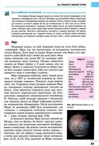 §8. ПЛАНЕТИ ЗЕМНОЇ ГРУПИ 
Для майбутніх космонавтів ====================================== 
На поверхні Венери людина вижити не зможе, бо сучасні скафандри не ви- 
тримають атмосферний тиск у 90 атм. Можливо, що космонавти будуть користува- 
тися літаками й повітряними кулями, які зможуть літати у верхніх шарах атмосфе- 
ри планети на висоті майже 50 км, де температура та тиск такі, як на Землі. 
Не виключена можливість існування чужих форм життя, які пристосувалися до 
умов на Венері, адже навіть деякі види земних бактерій могли б вижити у хмарах 
на цих висотах. Фантасти пропонують поселити у хмарах бактерії, які будуть 
поглинати вуглекислий газ і виділяти кисень. Із часом на Венері може знизитися 
температура, на поверхню випадуть дощі, потечуть ріки і знову утворяться моря. 
Марс 
Названий колись за свій червоний колір на честь бога війни, 
«кривавий» Марс під час протистоянь за яскравістю поступається 
тільки Венері. Хоча маса та радіус Марса менші, ніж Землі, але три- 
валість доби (24,6 год) і зміна пір року (вісь обер- 
тання нахилена під кутом 65° до площини орбі- 
ти) нагадують нашу планету. Правда, тривалість 
сезонів на Марсі майже у 2 рази довша, ніж на 
Землі. Навіть у невеликі телескопи на Марсі вид- 
но білі полярні шапки (рис. 8.8), які свідчать про 
наявність води в атмосфері планети. 
Марс привернув особливу увагу людей після 
того, як у 1877 р. італійський астроном Д. Скіа- 
пареллі відкрив «канали». Тоненькі, ледве помітні 
лінії, які з'єднували темні ділянки поверхні Мар- 
са, нагадували людству зрошувальні системи на 
Землі, тому фантасти висунули ідею про висо- 
кий інтелект марсіанської цивілізації. Ці пові- 
домлення зачарували американського мільйонера 
П. Ловелла, який залишив торгівлю і спеціально 
для пошуків життя на Марсі побудував величез- 
ну астрономічну обсерваторію. Після дослідження 
Марса за допомогою АМС було встановлено, що 
«канали» є своєрідною оптичною ілюзією, яку 
створюють окремі ділянки марсіанського ландшаф- 
ту — гори, долини, кратери (рис. 8.9). 
Із близької відстані Марс більше схожий на 
Місяць, ніж на Землю, бо безліч круглих крате- 
рів свідчать про інтенсивне метеоритне бомбарду- 
вання в минулому. На деяких схилах метеоритних 
кратерів видно застиглі потоки якоїсь рідини,— 
можливо, під час вибуху з надр виділялася вода, 
а потім при низькій температурі знову замерзала 
(рис. 8.10, 8.11). Ряд кратерів на Марсі назвали 
Марс СУ 
Радіус 
Маса 
Густина 
Прискорення 
вільного падіння 
Атмосфера 
Тиск 
Орбіта 
Рік 
Доба 
0,53 Яе 
0,11 Ме 
3,9 г/см3 
0,37 д№ 
С02, N2 
0,006 атм 
о = 1,52 а. о. 
687 зем. діб 
24 год 37 хв 
Температура поверхні, °С: 
вдень максимальна +22 
вночі -60, 
мінімальна 
(на полюсі) -133 
Рис. 8.8. Вигляд Марса в те- 
лескоп 
6 9 
 