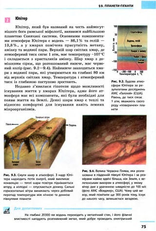 §9. ПЛАНЕТИ-ГІГАНТИ 
Юпітер 
Юпітер, який був названий на честь наймогут- 
нішого бога римської міфології, виявився найбільшою 
планетою Сонячної системи. Основними компонента- 
ми атмосфери Юпітера є водень — 86,1% та гелій — 
13,8%, а у хмарах помічена присутність метану, 
аміаку та водяної пари. Верхній шар світлих хмар, де 
атмосферний тиск сягає 1 атм, має температуру -107 °С 
і складається з кристаликів аміаку. Шар хмар з до- 
мішками сірки, що розташований нижче, має черво- 
ний колір (рис. 9.2—9.4). Найнижче знаходяться хма- 
ри з водяної пари, які утворюються на глибині 80 км 
від верхніх світлих хмар. Температура і атмосферний 
тиск із глибиною поступово зростають. 
Недавно з'явилися гіпотези щодо можливості 
існування життя у хмарах Юпітера, адже його ат- 
мосфера має всі компоненти, які були необхідні для 
появи життя на Землі. Деякі шари хмар є теплі та 
відносно комфортні для існування навіть земних 
мікроорганізмів. 
100 
50 
SXC 
ге 0 
ои OSQ 
-50 
-100 
Стратосфера 
Водень, гелій 
Тропосфера 
Хмари з аміаку 
Аміак і сірка 
Сніп») 
хмари 
-150, 
0 -200-100 0 100 
Температура t, °С 
Рис. 9.2. Будова атмо- 
сфери Юпітера за ре- 
зультатами досліджень 
АМС «Галілей» (США). 
Рівень, де тиск сягає 
1 атм, вважають свого 
роду «поверхнею» пла- 
нети 
Південь 
Холодні 
шари 
Теплі 
шари 
Рис. 9.3. Смуги хмар в атмосфері. З надр Юпі- 
тера надходить потік енергії, який викликає 
конвекцію — теплі шари повітря піднімаються 
вгору, а холодні — опускаються донизу. Сильні 
горизонтальні вітри виникають через добовий 
перепад температури між нічною та денною 
півкулями планети 
Рис. 9.4. Велика Червона Пляма, яка розта- 
шована в південній півкулі Юпітера і за роз- 
мірами майже вдвічі більша, ніж Земля, є ве- 
летенським вихорем в атмосфері, у якому 
вітер дме з ураганною швидкістю до 100 м/с 
(фото АМС «Вояджер», США). Чому цей ви- 
хор, який помітили ще 300 років тому, існує 
до нашого часу, залишається загадкою. 
Д л я ДОПИТЛИВИХ •„ . . ' 1 ...... • • • 
На глибині 20000 км водень переходить у металічний стан, і його фізичні 
властивості нагадують розплавлений метал, який добре проводить електричний 
75 
 