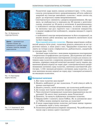 124
ГАЛАКТИЧНА І ПОЗАГАЛаКТИЧНА АСТРОНОМІЯ
Галактичні ядра мають ознаки активності (рис. 1.11), якщо:
•	спектр електромагнітного випромінювання об’єкта набагато
ширший від спектра звичайних галактик і може сягати від
радіо- до жорсткого гамма-випромінювання;
•	спостерігається «змінність» джерела випромінювання. Як пра-
вило, це відбувається із періодом від 10 хвилин у рентгенів-
ському діапазоні до 10 років в оптичному й радіодіапазонах;
•	є особливості спектра випромінювання, за якими можна дій-
ти висновку про рух гарячого газу з  великою швидкістю;
•	є видимі морфологічні особливості, зокрема викиди й «гарячі
плями»;
•	є особливості спектра випромінювання та його поляризації, за
якими можна дійти висновку про наявність магнітного поля
та його структуру.
Просторовий розподіл галактик. Прояви перелічених особли-
востей можуть бути різні, галактики можуть виявляти не всі пе-
релічені ознаки, а лише деякі з них. Традиційно галактики поді-
ляють на чотири класи: сейфертовські, радіоактивні, лацертиди
та квазари (рис. 1.12).
Активні ядра галактик є важливим напрямком спостережних
і теоретичних астрофізичних досліджень. Дослідження цієї облас-
ті включають використання спостережних оглядів для пошуку ак-
тивних ядер галактик у широкому діапазоні світностей і червоних
зміщень, перевірку моделей космічної еволюції і росту чорних дір,
вивчення фізики акреції на чорні діри і електромагнітного випро-
мінювання активних ядер галактик, вивчення властивостей дже-
тів (рис. 1.13) і викидів речовини з активних ядер галактик, а та-
кож вивчення впливу акреції на чорну діру і квазарної активності
на еволюцію галактики.
Контрольні запитання
1.	Які типи галактик вам відомі?
2.	Назвіть найближчі до нас галактики. У якій півкулі неба їх
можна спостерігати?
3.	Назвіть ученого, який встановив, що галактики розбігаються.
4.	До складу якої групи галактик входить наша Галактика?
5.	Чим еліптичні й неправильні галактики відрізняються від спі-
ральних? До якого типу належить наша Галактика?
6.	Поясніть, чи можуть відбуватися зіткнення галактик.
7.	Сформулюйте і поясніть закон Габбла. Як за допомогою зако-
ну Габ­бла можна виміряти відстань до галактик?
8.	З якою характеристикою галактик пов’язане явище червоно-
го зміщення ліній у їхніх спектрах?
9.	Галактики розбігаються (червоне зміщення). Чи розбігаються
також зорі в межах однієї глактики?
Рис. 1.8. Волокниста
структура Всесвіту
Рис. 1.9. Просторова
модель Всесвіту
Рис. 1.11. Галактика ІС 3639
з неясним активним ядром
Джети — релятивістські
струмені плазми, що
вириваються з центрів (ядер)
активних галактик, квазарів,
радіогалактик
 