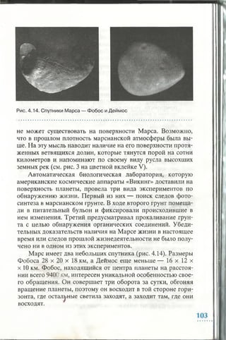 не может существовать на поверхности Марса. Возможно,
что в прошлом плотность марсианской атмосферы была вы­
ше. На эту мысль наводит наличие на его поверхности протя­
женных ветвящихся долин, которые тянутся порой на сотни
километров и напоминают по своему виду русла высохших
земных рек (см. рис. 3 на цветной вклейке V).
Автоматическая биологическая лаборатория, которую
американские космические аппараты «Викинг» доставили на
поверхность планеты, провела три вида экспериментов по
обнаружению жизни. Первый из них — поиск следов фото­
синтеза в марсианском грунте. В ходе второго грунт помеща­
ли в питательный бульон и фиксировали происходившие в
нем изменения. Третий предусматривал прокаливание грун­
та с целью обнаружения органических соединений. Убеди­
тельных доказательств наличия на Марсе жизни в настоящее
время или следов прошлой жизнедеятельности не было полу­
чено ни в одном из этих экспериментов.
Марс имеет два небольших спутника (рис. 4.14). Размеры
Фобоса 28 х 20 х 18 км, а Деймос еще меньше — 16 х 12 х
х 10 км. Фобос, находящийся от центра планеты на расстоя­
нии всего 9400‘км, интересен уникальной особенностью свое­
го обращения. Он совершает три оборота за сутки, обгоняя
вращение планеты, поэтому он восходит в той стороне гори­
зонта, где остальные светила заходят, а заходит там, где они
восходят.
1
 