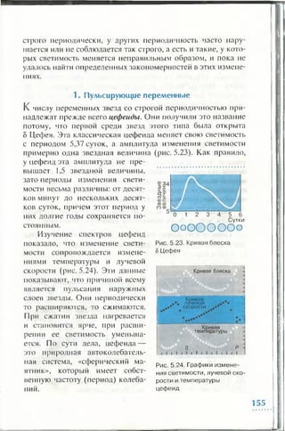 строго периодически, у других периодичность часто нару­
шается или не соблюдается так строго, а есть и такие, у кото­
рых светимость меняется неправильным образом, и пока не
удалось найти определенных закономерностей в этих измене­
ниях.
1 . Пульсирую щ ие перем енны е
К числу переменных звезд со строгой периодичностью при­
надлежат прежде всего цефеиды. Они получили это название
потому, что первой среди звезд этого типа была открыта
8 Цефея. Эта классическая цефеида меняет свою светимость
с периодом 5,37 су ток, а амплитуда изменения светимости
примерно одна звездная величина (рис. 5.23). Как правило,
у цефеид эта амплитуда не пре­
вышает 1,5 звездной величины,
зато периоды изменения свети­
мости весьма различны: от десят­
ков минут до нескольких десят­
ков суток, причем этот период у
них долгие годы сохраняется по­
стоянным.
Изучение спектров цефеид
показало, что изменение свети­
мости сопровождается измене­
ниями температуры и лучевой
скорости (рис. 5.24). Эти данные
показывают, что причиной всему
является пульсация наружных
слоев звезды. Они периодически
то расширяются, то сжимаются.
При сжатии звезда нагревается
и становится ярче, при расши­
рении ее светимость уменьша­
ется. По сути дела, цефеида —
это природная автоколебатель­
ная система, «сферический ма­
ятник», который имеет собст­
венную частоту (период) колеба­
ний.
5 6
Сутки
ОоОООООо
Рис. 5.23. Кривая блеска
5 Цефея
Кривая блеска
Кривая
лучевой
скорости
-
Кривая
температуры
I I
Рис. 5.24. Графики измене­
ния светимости, лучевой ско­
рости и температуры
цефеид
155
 