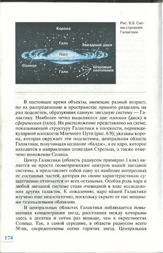В настоящее время объекты, имеющие разный возраст,
по их распределению в пространстве принято разделять на
ряд подсистем, образующих единую звездную систему — Га­
лактику. Наиболее четко выделяются две: плоская (диск) и
сферическая (гало). Их расположение представлено на схеме,
показывающей структуру Галактики в плоскости, перпенди­
кулярной плоскости Млечного Пути (рис. 6.9); указаны коро­
на, которая окружает эти подсистемы, центральная область
Галактики, получившая название «балдж», и ее ядро, которое
находится в направлении созвездия Стрельца, а также отме­
чено положение Солнца.
Центр Галактики (область радиусом примерно 1 кпк) яв­
ляется не просто геометрическим центром нашей звездной
системы, а представляет собой одну из наиболее интересных
ее составных частей, которая по своим характеристикам су­
щественно отличается от всех остальных. Особая роль ядра в
любой звездной системе стала очевидной в ходе исследова­
ния других галактик. К сожалению, ядро нашей Галактики
изучено еще недостаточно, поскольку скрыто от нас мощны­
ми газопылевыми облаками.
В центральных областях Галактики наблюдается повы­
шенная концентрация звезд, расстояния между которыми
здесь в десятки и сотни раз меньше, чем в окрестностях
Солнца. Так, в самой середине, в области радиусом всего
50 пк, сосредоточены сотни горячих звезд. Центральная
174
 