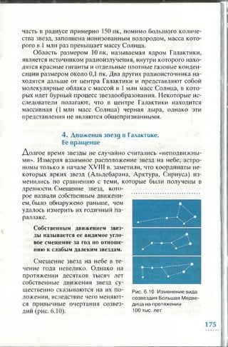 часть в радиусе примерно 150 пк, помимо большого количе­
ства звезд, заполнена ионизованным водородом, масса кото­
рого в 1 млн раз превышает массу Солнца.
Область размером 10 пк, называемая ядром Галактики,
является источником радиоизлучения, внутри которого нахо­
дятся красные гиганты и отдельные плотные газовые конден­
сации размером около 0,1 пк. Два других радиоисточника на­
ходятся дальше от центра Галактики и представляют собой
молекулярные облака с массой в 1 млн масс Солнца, в кото­
рых идет бурный процесс звездообразования. Некоторые ис­
следователи полагают, что в центре Галактики находится
массивная (1 млн масс Солнца) черная дыра, однако эти
представления не являются общепризнанными.
4 . Д виж ения зв езд в Галактике.
Ее вращение
Долгое время звезды не случайно считались «неподвижны­
ми». Измеряя взаимное расположение звезд на небе, астро­
номы только в начале XVIII в. заметили, что координаты не­
которых ярких звезд (Альдебарана, Арктура, Сириуса) из­
менились по сравнению с теми, которые были получены в
древности. Смещение звезд, кото­
рое назвали собственным движени­
ем, было обнаружено раньше, чем
удалось измерить их годичный па­
раллакс.
Собственным движением звез­
ды называется ее видимое угло­
вое смещение за год по отноше­
нию к слабым далеким звездам.
Смещение звезд на небе в те­
чение года невелико. Однако на
протяжении десятков тысяч лет
собственные движения звезд су­
щественно сказываются на их по­
ложении, вследствие чего меняют­
ся привычные очертания созвез­
дий (рис. 6 .1 0 ).
Рис. 6.10. Изменение вида
созвездия Большая Медве­
дица на протяжении
100 тыс. лет
 