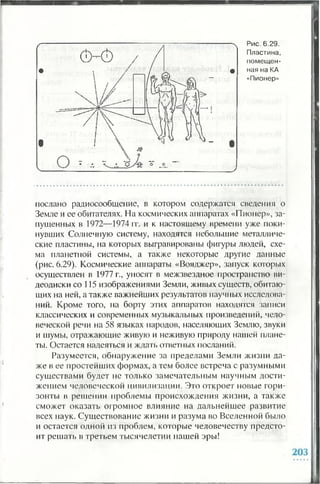 Рис. 6.29.
Пластина,
помещен­
ная на КА
«Пионер»
послано радиосообщение, в котором содержатся сведения о
Земле и ее обитателях. На космических аппаратах «Пионер», за­
пущенных в 1972—1974 гг. и к настоящему времени уже поки­
нувших Солнечную систему, находятся небольшие металличе­
ские пластины, на которых выгравированы фигуры людей, схе­
ма планетной системы, а также некоторые другие данные
(рис. 6.29). Космические аппараты «Вояджер», запуск которых
осуществлен в 1977 г., уносят в межзвездное пространство ви­
деодиски со 115 изображениями Земли, живых существ, обитаю­
щих на ней, а также важнейших результатов научных исследова­
ний. Кроме того, на борту этих аппаратов находятся записи
классических и современных музыкальных произведений, чело­
веческой речи на 58 языках народов, населяющих Землю, звуки
и шумы, отражающие живую и неживую природу нашей плане­
ты. Остается надеяться и ждать ответных посланий.
Разумеется, обнаружение за пределами Земли жизни да­
же в ее простейших формах, а тем более встреча с разумными
существами будет не только замечательным научным дости­
жением человеческой цивилизации. Это откроет новые гори­
зонты в решении проблемы происхождения жизни, а также
сможет оказать огромное влияние на дальнейшее развитие
всех наук. Существование жизни и разума во Вселенной было
и остается одной из проблем, которые человечеству предсто­
ит решать в третьем тысячелетии нашей эры!
 