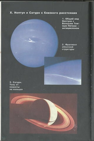 3. Сатурн
Тень от
планеты
на кольцах
X. Н ептун и С атурн с б л и зко го р а ссто ян и я
2. Ф р агм ен т
облачной
структур ы
1. О бщ ий вид
Н ептуна с
Б ольш им Т е м ­
ным Пятном —
анти ц и кл он ом
 