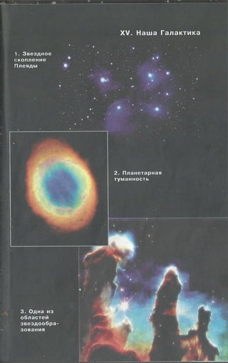 XV. Наша Галактика
1. З везд ное
ско пл е ни е
П леяды
2. П ланетарная
тум а нн ость
3. Одна из
о б л а сте й
зве зд оо б р а
зования
 