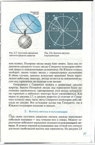 Рис. 2.8. Высота светила
в кульминации
Полярная
— зда
Рис. 2.7. Суточное движение
светил в средних широтах
ном полюсе, Полярная звезда видна близ зенита. Здесь над го­
ризонтом находятся только звезды Северного полушария небес­
ной сферы (с положительным,склонением). На Южном полюсе,
наоборот, видны только звезды с отрицательным склонением.
В обоих случаях, двигаясь вследствие вращения Земли парал­
лельно небесному экватору, звезды остаются на неизменной вы­
соте над горизонтом, не восходят и не заходят.
Отправимся с Северного полюса в привычные средние
широты. Высота Полярной звезды над горизонтом будет по­
степенно уменьшаться, одновременно угол между плоскостя­
ми горизонта и небесного экватора будет увеличиваться. Как
видно из рисунка 2.7, в средних широтах (в отличие от Север­
ного полюса) лишь часть звезд Северного полушария неба ни­
когда не заходит. Все остальные зьезды как Северного, так и
Южного полушария восходят и заходят.
2 . Вы сота светила в кульминации
П ри своем суточном движении светила дважды пересекают
небесный меридиан — над точками юга и севера. Момент пе­
ресечения небесного меридиана называется кульминацией све­
тила. В момент верхней кульминации над точкой юга светило
достигает наибольшей высоты над горизонтом. На рисунке 2.8
 