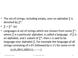 • The set of strings, including empty, over an alphabet ∑ is
denoted by ∑*.
• ∑+
= ∑* -{є}
• Languages-A set of strings which are chosen from some ∑*,
where ∑ is a particular alphabet, is called a language . If ∑ is
an alphabet, and L subset of ∑*, then L is said to be
language over alphabet ∑. For example the language of all
strings consisting of n 0’s followed by n 1’s for some n>=0:
{є,01,0011,000111,-------}
Automata Theory 10Er. Deepinder Kaur
 