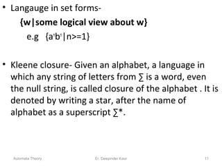 • Langauge in set forms-
{w|some logical view about w}
e.g {an
bn
|n>=1}
• Kleene closure- Given an alphabet, a language in
which any string of letters from ∑ is a word, even
the null string, is called closure of the alphabet . It is
denoted by writing a star, after the name of
alphabet as a superscript ∑*.
Automata Theory 11Er. Deepinder Kaur
 