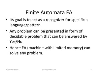 Finite Automata FA
• Its goal is to act as a recognizer for specific a
language/pattern.
• Any problem can be presented in form of
decidable problem that can be answered by
Yes/No.
• Hence FA (machine with limited memory) can
solve any problem.
17Automata Theory Er. Deepinder Kaur
 