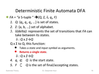 Deterministic Finite Automata DFA
FA = “a 5-tuple “ (Q, Σ, , q0, F)
1. Q: {q0, q1, q2, …} is set of states.
2. Σ: {a, b, …} set of alphabet.
3. (delta): represents the set of transitions that FA can
take between its states.
 : Q x Σ→Q
Q x Σ to Q, this function:
 Takes a state and input symbol as arguments.
 Returns a single state.
 : Q x Σ→Q
4. q0 Q is the start state.
5. F Q is the set of final/accepting states.
18
∈
⊂
Automata Theory Er. Deepinder Kaur
 