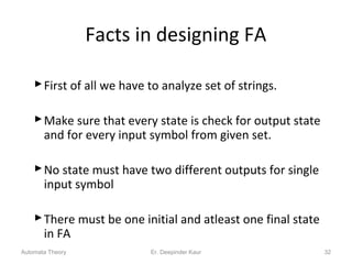 Facts in designing FA
First of all we have to analyze set of strings.
Make sure that every state is check for output state
and for every input symbol from given set.
No state must have two different outputs for single
input symbol
There must be one initial and atleast one final state
in FA
32Automata Theory Er. Deepinder Kaur
 