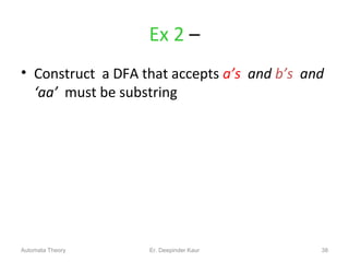Ex 2 –
• Construct a DFA that accepts a’s and b’s and
‘aa’ must be substring
38Automata Theory Er. Deepinder Kaur
 