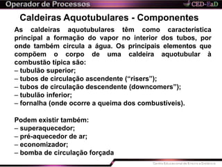 Caldeiras Aquotubulares - Componentes
As caldeiras aquotubulares têm como característica
principal a formação do vapor no interior dos tubos, por
onde também circula a água. Os principais elementos que
compõem o corpo de uma caldeira aquotubular à
combustão típica são:
– tubulão superior;
– tubos de circulação ascendente (“risers”);
– tubos de circulação descendente (downcomers”);
– tubulão inferior;
– fornalha (onde ocorre a queima dos combustíveis).
Podem existir também:
– superaquecedor;
– pré-aquecedor de ar;
– economizador;
– bomba de circulação forçada
 