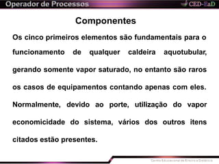 Componentes
Os cinco primeiros elementos são fundamentais para o
funcionamento de qualquer caldeira aquotubular,
gerando somente vapor saturado, no entanto são raros
os casos de equipamentos contando apenas com eles.
Normalmente, devido ao porte, utilização do vapor
economicidade do sistema, vários dos outros itens
citados estão presentes.
 