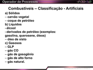 Combustíveis – Classificação - Artificiais
a) Sólidos
– carvão vegetal
– coque de petróleo
b) Líquidos
–álcool
–derivados de petróleo (exemplos:
gasolina, querosene, óleos)
– óleo de xisto
c) Gasosos
– GLP
– gás CO
– gás de gasogênio
– gás de alto forno
– gás natural.
 