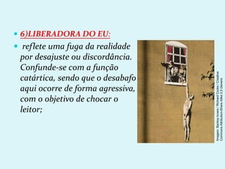  6)LIBERADORA DO EU:
 reflete uma fuga da realidade
por desajuste ou discordância.
Confunde-se com a função
catártica, sendo que o desabafo
aqui ocorre de forma agressiva,
com o objetivo de chocar o
leitor;
Imagem:
Banksy
lovers
/
Richard
Cocks
/
Creative
Commons
Attribution-Share
Alike
2.5
Generic
 