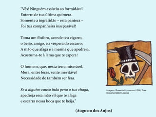 “Vês! Ninguém assistiu ao formidável
Enterro de tua última quimera.
Somente a ingratidão – esta pantera –
Foi tua companheira inseparável!
Toma um fósforo, acende teu cigarro,
o beijo, amigo, é a véspera do escarro;
A mão que afaga é a mesma que apedreja,
Acostuma-te à lama que te espera!
O homem, que, nesta terra miserável,
Mora, entre feras, sente inevitável
Necessidade de também ser fera.
Se a alguém causa inda pena a tua chaga,
apedreja essa mão vil que te afaga
e escarra nessa boca que te beija.”
(Augusto dos Anjos)
Imagem: Rosentod / p.servus / GNU Free
Documentation License
 