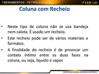 Coluna com Recheio
• Neste tipo de coluna não se usa bandeja
nem calota. É usado um recheio.
• Este recheio pode ser de vários materiais e
formatos.
• A finalidade do recheio é de provocar um
contato íntimo entre as duas fases na
coluna, ou seja, liquido e vapor.
 