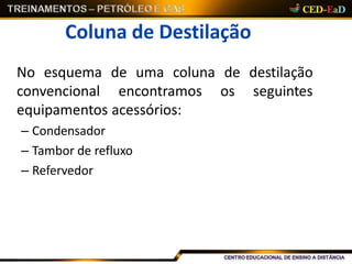 Coluna de Destilação
No esquema de uma coluna de destilação
os seguintesconvencional encontramos
equipamentos acessórios:
– Condensador
– Tambor de refluxo
– Refervedor
 