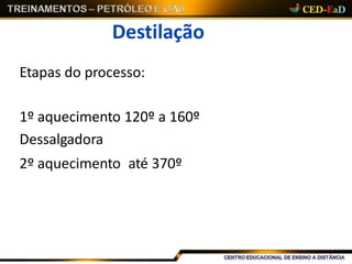Destilação
Etapas do processo:
1º aquecimento 120º a 160º
Dessalgadora
2º aquecimento até 370º
 
