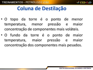 Coluna de Destilação
• O topo da torre é o ponto
temperatura, menor pressão
de menor
e maior
concentração de componentes mais voláteis.
• O fundo da
temperatura,
torre é o ponto
maior pressão
de maior
e maior
concentração dos componentes mais pesados.
 