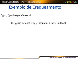 Exemplo de Craqueamento
C36H74 (gasóleo parafínico) →
C8H18 (iso-octano) + C3H8 (propano) + C4H10 (butano)
 