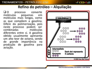 Refino do petróleo – Alquilação
 O processo converte
moléculas pequenas em
moléculas mais longas, como
as que compõem a gasolina.
Difere da polimerização, pois
neste processo podem ser
combinadas moléculas
diferentes entre si. A gasolina
obtida usualmente apresenta
um alto teor de octano, sendo
de grande importância na
produção de gasolina para
aviação.
 