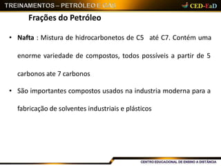 Frações do Petróleo
• Nafta : Mistura de hidrocarbonetos de C5 até C7. Contém uma
enorme variedade de compostos, todos possíveis a partir de 5
carbonos ate 7 carbonos
• São importantes compostos usados na industria moderna para a
fabricação de solventes industriais e plásticos
 