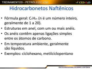 Hidrocarbonetos Naftênicos
• Fórmula geral: CnH2n (n é um número inteiro,
geralmente de 1 a 20).
• Estruturas em anel, com um ou mais anéis.
• Os anéis contêm apenas ligações simples
entre os átomos de carbono.
• Em temperatura ambiente, geralmente
são líquidos.
• Exemplos: ciclohexano, metilciclopentano
 