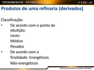 Produtos de uma refinaria (derivados)
Classificação:
• De acordo com o ponto de
ebulição:
Leves
Médios
Pesados
• De acordo com a
finalidade: Energéticos
Não-energéticos
 
