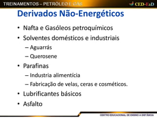 Derivados Não-Energéticos
• Nafta e Gasóleos petroquímicos
• Solventes domésticos e industriais
– Aguarrás
– Querosene
• Parafinas
– Industria alimentícia
– Fabricação de velas, ceras e cosméticos.
• Lubrificantes básicos
• Asfalto
 