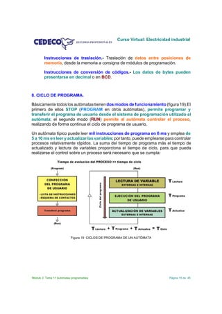 Curso Virtual: Electricidad industrial



        Instrucciones de traslación.- Traslación de datos entre posiciones de
        memoria, desde la memoria a consigna de módulos de programación.

        Instrucciones de conversión de códigos.- Los datos de bytes pueden
        presentarse en decimal o en BCD.



8. CICLO DE PROGRAMA.

Básicamente todos los autómatas tienen dos modos de funcionamiento (figura 19).El
primero de ellos STOP (PROGRAM en otros autómatas), permite programar y
transferir el programa de usuario desde el sistema de programación utilizado al
autómata; el segundo modo (RUN) permite al autómata controlar el proceso,
realizando de forma continua el ciclo de programa de usuario.

Un autómata típico puede leer mil instrucciones de programa en 6 ms y emplea de
5 a 10 ms en leer y actualizar las variables; por tanto, puede emplearse para controlar
procesos relativamente rápidos. La suma del tiempo de programa más el tiempo de
actualizado y lectura de variables proporciona el tiempo de ciclo, para que pueda
realizarse el control sobre un proceso será necesario que se cumpla:




                           Figura 19 CICLOS DE PROGRAMA DE UN AUTÓMATA




Módulo 2. Tema 11 Autómatas programables                                      Página 15 de 45
 