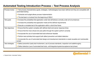 12 / Ropota Andrei / Automated Testing /
Automated Testing Introduction Process – Test Process Analysis
Process review Test process characteristics (goals, strategies, methodologies) have been defined and they are compatible with
automated testing
Schedule and budget allows process implementation
The test team is involved from the beginning of SDLC
Test goals Increase the probability that application under test will behave correctly under all circumstances
Increase the probability that application meets all the defined requirements
Execute a complete test of the application within a short time frame
Test objectives Ensure that the system complies with defined client and server response times
Ensure that the most critical end-user paths through the system perform correctly
Incorporate the use of automated test tools whenever feasible
Perform test activities that support both defect prevention and defect detection
Incorporate the use of automated test design and development standards to create reusable and maintanable
scripts
Test strategies Defect prevention (early test involvement, use of process standards, inspection and walkthroughs)
Defect detection (use of automated test tools, unit/integration/system/acceptance test phase)
 