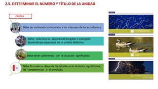 Debe tener coherencia con la situación significativa.
Debe formularse después de establecer la situación significativa,
las competencias y el producto.
2.5. DETERMINAR EL NÚMERO Y TÍTULO DE LA UNIDAD
PAUTAS :
Debe ser motivador y vinculado a los intereses de los estudiantes.
Debe relacionarse al producto tangible o intangible
(aprendizaje esperado) de la unidad didáctica.
 