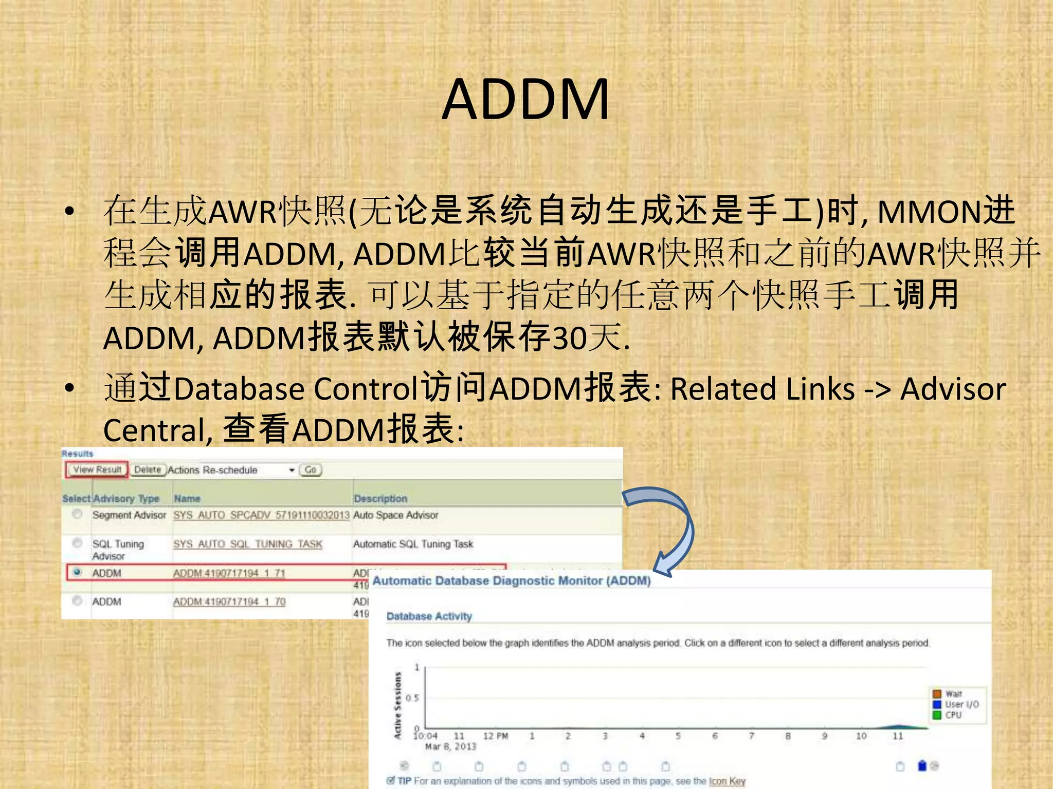 ADDM
• 在生成AWR快照(无论是系统自动生成还是手工)时, MMON进
  程会调用ADDM, ADDM比较当前AWR快照和之前的AWR快照并
  生成相应的报表. 可以基于指定的任意两个快照手工调用
  ADDM, ADDM报表默认被保存30天.
• 通过Database Control访问ADDM报表: Related Links -> Advisor
  Central, 查看ADDM报表:
 