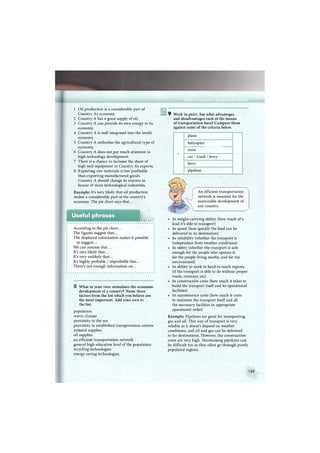 1 Oil production is a considerable part of
Country As economy.
2 Country A has a good supply of oil.
3 Country A can provide its own energy to its
economy.
4 Country A is well integrated into the world
economy.
5 Country A embodies the agricultural type of
economy.
6 Country A does not pay much attention to
high technology development.
7 There is a chance to increase the share of
high tech equipment in Country A's exports.
8 Exporting raw materials is less profitable
than exporting manufactured goods.
Country A should change its exports in
favour of more technological industries.
Example: It's very likely that oil production
makes a considerable part of the country's
economy. The pie chart says that...
Useful phrases
шШШ.
According to the pie chart...
The figures suggest that...
The displayed information makes it possible
to suggest...
We can assume that...
It's very likely that...
It's very unlikely that...
It's highly probable / improbable that...
There's not enough information on...
8 What in your view stimulates the economic
development of a country? Name three
factors from the list which you believe are
the most important. Add your own to
the list.
population
warm climate
proximity to the sea
proximity to established transportation centres
mineral supplies
oil supplies
an efficient transportation network
general high education level of the population
recycling technologies
energy saving technologies
9 Work in pairs. Say what advantages
and disadvantages each of the means
of transportation have? Compare them
against some of the criteria below.
plane
helicopter
train
car / truck / lorry
ferry
pipeline
An efficient transportation
network is essential for the
sustainable development of
any country.
• its weight-carrying ability (how much of a
load it's able to transport)
• its speed (how quickly the load can be
delivered to its destination)
• its reliability (whether the transport is
independent from weather conditions)
• its safety (whether the transport is safe
enough for the people who operate it,
for the people living nearby, and for the
environment)
• its ability to work in hard-to-reach regions
(if the transport is able to do without proper
roads, runways, etc)
• its construction costs (how much it takes to
build the transport itself and its operational
facilities)
• its maintenance costs (how much it costs
to maintain the transport itself and all
the necessary facilities in appropriate
operational order)
Example: Pipelines are good for transporting
gas and oil. This way of transport is very
reliable as it doesn't depend on weather
conditions, and oil and gas can be delivered
to far destinations. However, the construction
costs are very high. Maintaining pipelines can
be difficult too as they often go through poorly
populated regions.
159
 