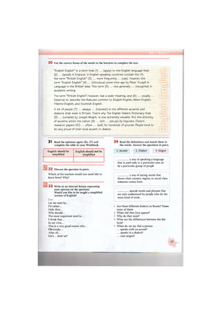 3 0 Use the correct forms of the words in the brackets to complete the text.
"English English" is a term that (1) ... (apply) to the English language that
(2) ... (speak) in England. In English-speaking countries outside the UK,
the term "British English" (3) ... more frequently ... (use). However, the
term "English English" (4) ... (introduce) some time ago by Peter Trudgill in
Language in the British Isles. This term (5) ... now generally ... (recognise) in
academic writing.
The term "British English", however, has a wider meaning, and (6) ... usually ...
(reserve) to describe the features common to English English, Welsh English,
Hiberno-English, and Scottish English.
A lot of people (7) ... always ... (interest) in the different accents and
dialects that exist in Britain. That's why The English Dialect Dictionary that
(S>) ... (compile) by Joseph Wright, is now extremely valuable. But the diversity
of accents within the nation (9) ... still ... (study) by linguists. Dialect
research papers (10) ... often ... (sell) for hundreds of pounds. People tend to
be very proud of their local accent or dialect.
3 1 Read the opinions again (Ex. 27) and
complete the table in your Workbook.
3 4 Read the definitions and match them to
the words. Answer the questions in pairs.
English should be
simplified
English should not be
simplified
1. Accent 2. Dialect 3. Jargon
3 2 Discuss the question in pairs.
Which of the teachers would you most like to
learn from? Why?
3 3 Write to an internet forum expressing
your opinion on the question:
Would you like to be taught a simplified
version of English?
Use:
Let me start by..
I'd rather...
Only then...
Why should...
The most important need is...
I think that...
In my view,...
This is a very good reason why...
Obviously,...
After all...
Let's... shall we?
a way of speaking a language
that is used only in a particular area or
by a particular group of people
a way of saying words that
shows what country, region, or social class
someone comes from
special words and phrases that
are only understood by people who do the
same kind of work.
Are there different dialects in Russia? Name
some of them.
When did they first appear?
Why do they exist?
What are the differences between the dia-
lects?
When do we say that a person:
... speaks with an accent?
... speaks in a dialect?
... uses jargon?
17
 