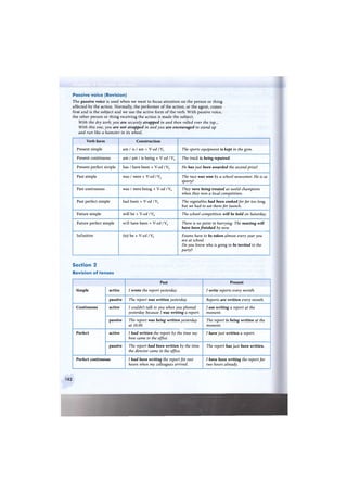 Passive voice (Revision)
The passive voice is used when we want to focus attention on the person or thing
affected by the action. Normally, the performer of the action, or the agent, comes
first and is the subject and we use the active form of the verb. With passive voice,
the other person or thing receiving the action is made the subject.
With the dry zorb, you are securely strapped in and then rolled over the top...
With this one, you are not strapped in and you are encouraged to stand up
and run like a hamster in its wheel.
Verb form Construction
Present simple am / is / are + V-ed / V3 The sports equipment is kept in the gym.
Present continuous am / are / is being + V-ed / V3 The track is being repaired.
Present perfect simple has / have been + V-ed / V3 He has just been awarded the second prize!
Past simple was / were + V-ed / V3 The race was won by a school newcomer. He is so
sporty!
Past continuous was / were being + V-ed / V3 They were being treated as world champions
when they won a local competition.
Past perfect simple had been + V-ed / V3 The vegetables had been cooked for far too long,
but we had to eat them for launch.
Future simple will be + V-ed /V3 The school competition will be held on Saturday.
Future perfect simple will have been + V-ed / V3 There is no point in hurrying. The meeting will
have been finished by now.
Infinitive (to) be + V-ed /V3 Exams have to be taken almost every year you
are at school.
Do you know who is going to be invited to the
party?
Section 2
Revision of tenses
Past Present
Simple active I wrote the report yesterday. I write reports every month.Simple
passive The report was written yesterday. Reports are written every month.
Continuous active I couldn't talk to you when you phoned
yesterday because I was writing a report.
I am writing a report at the
moment.
Continuous
passive The report was being written yesterday
at 10.00.
The report is being written at the
moment.
Perfect active I had written the report by the time my
boss came to the office.
I have just written a report.Perfect
passive The report had been written by the time
the director came to the office.
The report has just been written.
Perfect continuous I had been writing the report for two
hours when my colleagues arrived.
I have been writing the report for
two hours already.
182
 