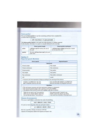 Future perfect
We use the future perfect to say that something will have been completed by
a certain time in the future.
will + have (been) + V3 (past participle)
The future perfect passive is not used very often because it is seldom required
by the situation. But when it is used, it is usually followed by the word by.
Future perfect simple Future perfect continuous
active I will have read the book by the end of
the week.
I will have been reading the book for a month
by the end of the week.
passive The book will have been read by the end
of the week.
—
Section 3
Reported speech (Revision)
Direct speech Reported speech
Statements
Present simple Past simple
Present continuous Past continuous
Present perfect Past perfect
Past simple Past perfect
Past continuous Past prefect continuous
will would
• Pronouns and time expressions change according to the meaning of the sentence.
"I want to read this book," she said.
She is doing her homework, he said.
She said (that) she wanted to read that book.
He said (that) she was doing her homework.
Questions
• The verb tenses, pronouns and time expressions change as in statements.
• The reported questions begin with a question word or i f / whether.
• The question mark and the words such as please, well, oh are omitted.
"What do you want to say?" she asked me.
"What are you doing?" Mother asked Tim.
"Do you like pop music?" Ann asked me.
She asked me what I wanted to say.
Mother asked Tim what he was doing.
Ann asked me if (whether) I liked pop music.
Clauses of consequence
We use so / such (that) to talk about the result of something.
such + adjective + noun + (that)
It's such an interesting book, that you can't put it down.
so + adjective / adverb + (that)
He runs so quickly, nobody can keep up with him.
Clauses of consequence follow the sequence of tenses' rule.
185
 