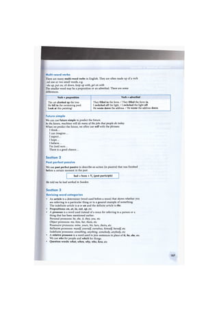 Multi-word verbs
There are many multi-word verbs in English. They are often made up of a verb
•nd one or two small words, e.g.
.ike up, put on, sit down, keep up with, get on with
The smaller word may be a preposition or an adverbial. There are some
differences.
Verb + preposition Verb + adverbial
The cat climbed up the tree.
He fell in the swimming pool.
Look at this painting!
They filled in the form. / They filled the form in.
I switched off the light. /1 switched the light off.
He wrote down the address. / He wrote the address down.
Future simple
We can use future simple to predict the future.
In the future, machines will do many of the jobs that people do today.
When we predict the future, we often use will with the phrases:
I think...
I can imagine...
I expect...
I hope...
I believe...
I'm (not) sure...
There is a good chance...
Section 2
Past perfect passive
We use past perfect passive to describe an action (in passive) that was finished
before a certain moment in the past.
had + been + V3 (past participle)
He told me he had worked in Sweden.
Section 3
Revising word categories
• An article is a determiner (word used before a noun) that shows whether you
are referring to a particular thing or to a general example of something.
The indefinite article is a or an and the definite article is the.
• Prepositions: on, at, in, out, up, etc
• A pronoun is a word used instead of a noun for referring to a person or a
thing that has been mentioned earlier:
Personal pronouns: he, she, it, they, you, etc
Object pronouns: me, him, her, them, etc
Possessive pronouns: mine, yours, his, hers, theirs, etc
Reflexive pronouns: myself, yourself, ourselves, himself, herself, etc
Indefinite pronouns: something, anything, somebody, anybody, etc
• A relative pronoun is a word used to join sentences in place of it, he, she, etc
We use who for people and which for things.
• Question words: what, when, why, who, how, etc
187
 