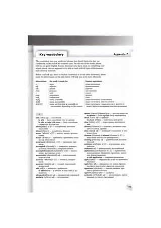 Key vocabulary Appendix 7
This vocabulary lists new words and phrases you should memorize and use
confidently by the end of the academic year. For the rest of the words, please,
refer to any good English-Russian dictionary you have, since on completing your
school course you are supposed to be able to work with all types of dictionaries
and reference materials.
Before you look up a word in the key vocabulary or in any other dictionary, please
study the abbreviation in the table below. It'll help you work more efficiently.
abbreviation the word it stands for
adj
adv
pron
v
prep
conj
n[C]
n[U]
n [C, U]
noun
adjective
adverb
pronoun
verb
preposition
conjunction
noun, countable
noun, uncountable
noun, can function as countable or
uncountable, depending on the context
Russian equivalents
существительное
прилагательное
наречие
местоимение
глагол
предлог
союз
существительное, исчисляемое
существительное, неисчисляемое
существительное в зависимости от контекста
может быть исчисляемым или неисчисляемым
able ['eibsl] adj — способный
be able — быть способным что-то сделать
be able to соре with stress — быть способным
справиться со стрессом
abuse [s'bjuis] п [U] — оскорбление, жестокое
обращение
abuse [a'bju:z] v — оскорблять, обижать
accent ['eekssnt] п [С] — акцент, манера произно-
шения
accept [ak'sept] v — принимать, признавать (чело-
веком, обществом)
acceptance [ak'septans] п [U] — признание, при-
нятие
accomplish [э'клтрЩ] v — завершать, доводить
до конца, выполнять, совершенствовать
accomplishment [э'клтрй/тэШ] п [U] — выпол-
нение, достижение, успех
accountable [a'kauntsbsl] adj — ответственный,
подотчетный
accuracy ['aekurasi] п [U] — точность, аккурат-
ность
accurate ['aekjurat] adj — точный, тщательный,
аккуратный
add [aed] v — добавлять, прибавлять
in addition to — в добавок к чему-либо, в до-
полнение
advanced [ad'vcrnst] adj — продвинутый, передовой
aesthetic [i:s'6etik] adj — эстетический
against [s'genst] [a'geinst] prep — против, напротив
be against — быть против, быть несогласным
ahead [a'hed] adv — впереди
be ahead of time — опережать свое время
alien ['eilisn] n [С] — чужестранец, инопланетя-
нин
alienate ['eilianeit] v — отдалять, заставлять отда-
литься (семью, друзей)
alien-related adj — имеющий отношение к ино-
планетянам
alumnus [a'Lminas] pi alumni [a'Lvmnai] n [C] —
выпускник школы или университета
amazing [a'meiziij] adj — удивительный, восхити-
тельный
ambition [sem'bijbn] n [С] — устремление, цель,
амбиция
ambitious adj — амбициозный, честолюбивый
application [.aepli'keijan | n [U, С] — применение,
использование; обращение, прошение, заявле-
ние, форма заявления
a wide application — широкое применение
apply [a'plaij v — обращаться к кому-то; применять
(умения)
apply for a job — обращаться по поводу приема
на работу, выступать в качестве соискателя
appreciate [э'ргцДеП] v — высоко оценить, про-
явить признательность
approve [s'prurv] (of) v — одобрять
authentic [o:'9entik] adj — аутентичный, ориги-
нальный (о тексте), настоящий
193
 