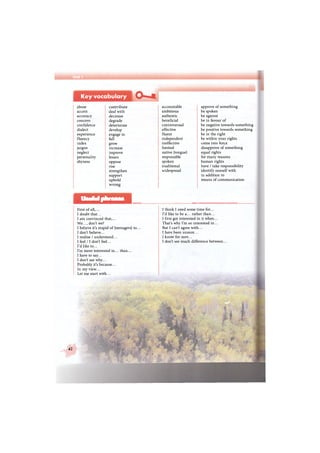 Unit 1
Key vocabulary
abuse contribute accountable approve of something
accent deal with ambitious be spoken
accuracy decrease authentic be against
concern degrade beneficial be in favour of
confidence deteriorate controversial be negative towards something
dialect develop effective be positive towards something
experience engage in fluent be in the right
fluency fall independent be within your rights
index grow ineffective come into force
jargon increase limited disapprove of something
neglect improve native (tongue) equal rights
personality lessen responsible for many reasons
shyness oppose spoken human rights
rise traditional have / take responsibility
strengthen widespread identify oneself with
support in addition to
uphold means of communication
wrong
Useful phrases ^ Р и Н И И ш У ^ '^ГмА^М^тР^™' :
'
First of all,... I think I need some time for...
I doubt that... I'd like to be a... rather than...
I am convinced that,... I first got interested in it when...
We..., don't we? That's why I'm so interested in...
I believe it's stupid of (teenagers) to... But I can't agree with...
I don't believe... I have been unsure...
I realise / understand... I know for sure...
I feel/1 don't feel... I don't see much difference between...
I'd like to...
I'm more interested in... than...
I have to say...
I don't see why...
Probably it's because...
In my view...
Let me start with... . . . . . .
wm
42
 